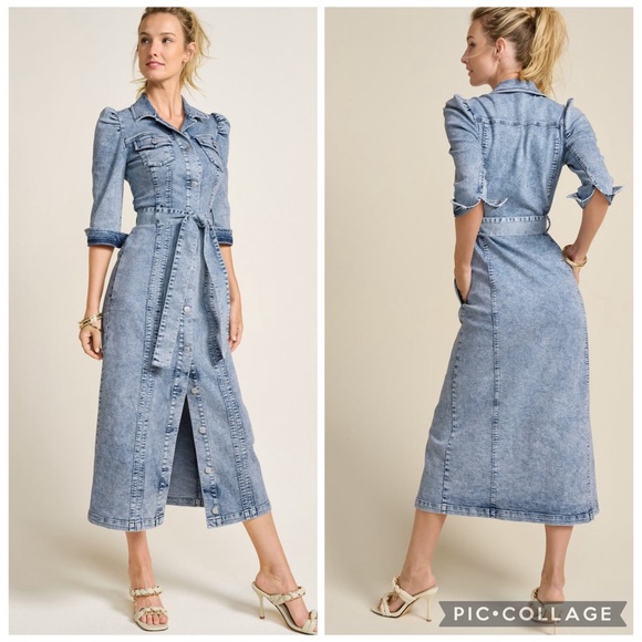 VENUS Dresses & Skirts - VENUS Button Front Light Blue 1/2 Sleeve Midi Denim Tie Waist Dress Size 2